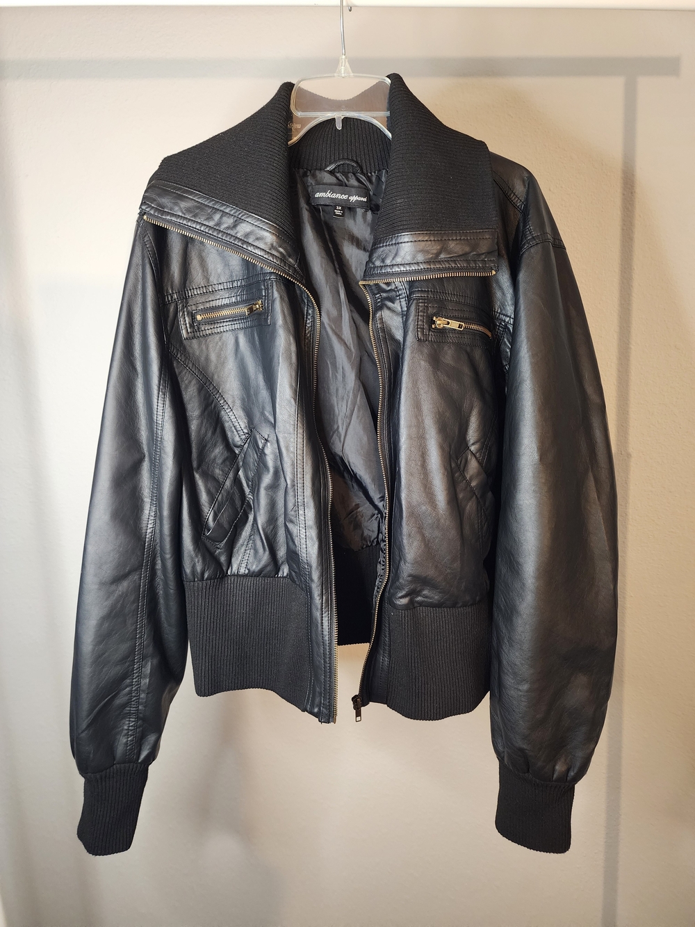 Ambiance Black Faux Leather Bomber Jacket with Ribbed Collar